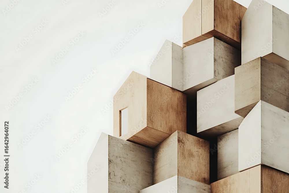 Poster stack of angular house blocks in minimalist arrangement, cool palette