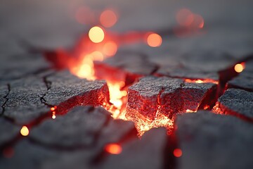 Lava flows through cracked earth creating a glowing, fiery landscape at sunset