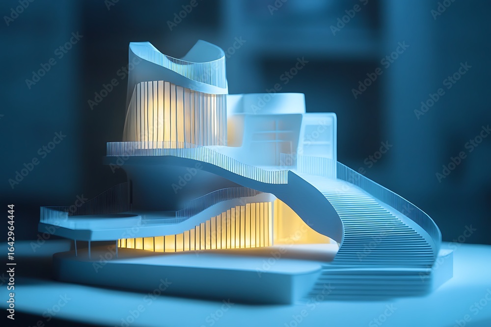 Poster studio lighting on futuristic architecture model in bluish tones and clean geometry