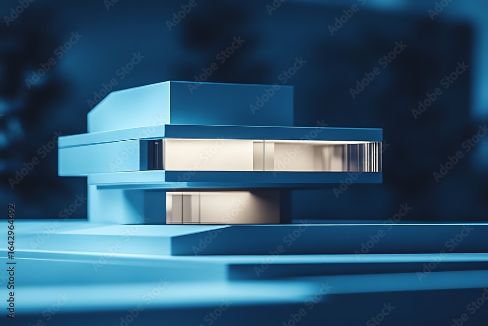 Poster studio lighting on futuristic architecture model in bluish tones and clean geometry