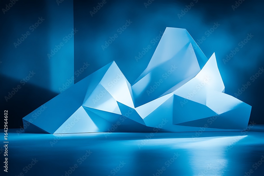 Poster studio lighting on futuristic architecture model in bluish tones and clean geometry