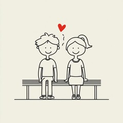 Cute and simple line art of a man and woman sitting together on a bench beneath a small red heart. Minimalist vector style with clean, bold shapes. Image with copyspace and romance.