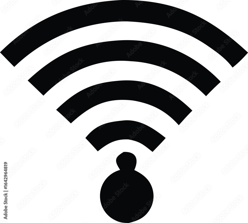 Poster a minimalist black and white graphic depicting a wi fi signal emanating from a circular base symboli