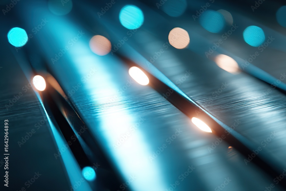 Poster illuminated lines with blue and warm lights create a striking abstract pattern on a surface