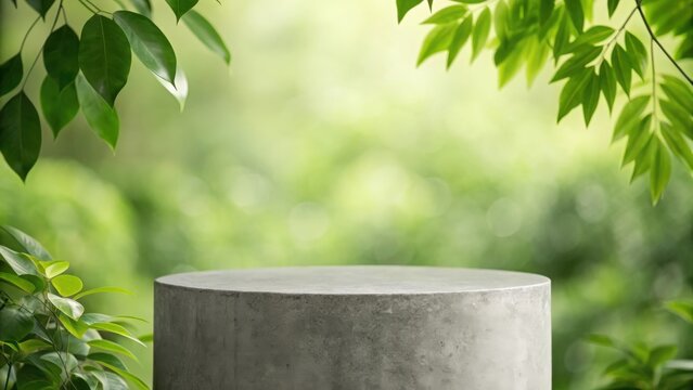 Concrete podium with leafy green background — blending modern design with nature for product showcase

