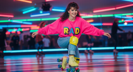 A happy woman wearing a 'RAD' magenta sweater and protective gear is roller skating with a big smile on her face in a colorful, neon-lit 80's themed roller skate rink.