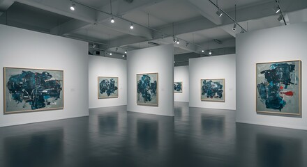 Exhibition of abstract paintings displayed in a modern art gallery showcasing contemporary art