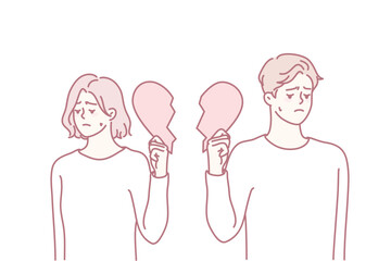 Unhappy couple holding pieces of broken heart suffer from breakup or divorce. Sad upset man and woman struggle with split or separation. Relationships over. Vector illustration.