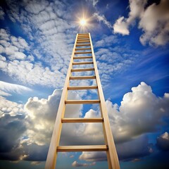 Ladder reaching towards the sun in a cloudy sky symbolizing success and opportunity