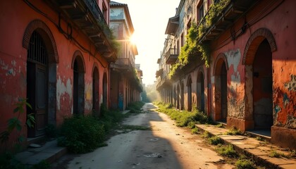 Fototapeta premium Panam City abandoned street with crumbling brick buildings and arched windows