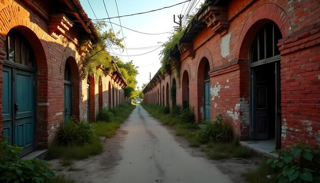 Panam City abandoned street with crumbling brick buildings and arched windows