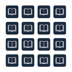 A grid of sixteen dark blue squares, each containing a white open book icon.