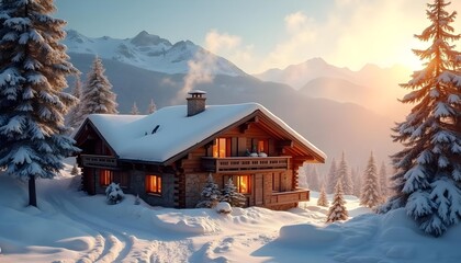 Cozy wooden chalet covered in snow in the Swiss Alps