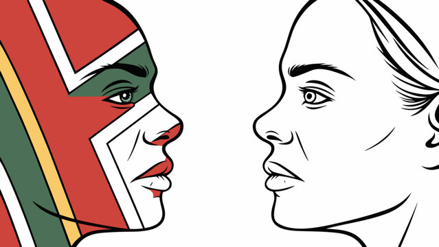 Illustrating Suriname&rsquo;s unity in diversity, this artwork features contrasting profiles set against the vibrant colors of the flag, symbolizing the nation&rsquo;s rich cultural heritage and inclusivity.

