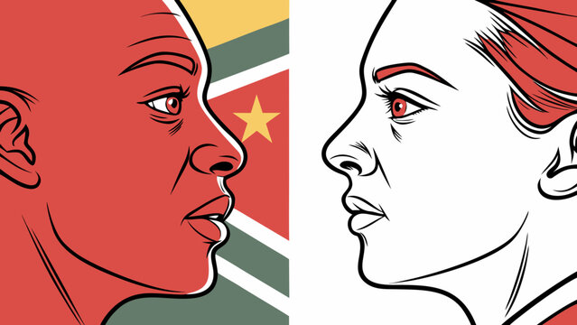 Illustrating Suriname&rsquo;s unity in diversity, this artwork features contrasting profiles set against the vibrant colors of the flag, symbolizing the nation&rsquo;s rich cultural heritage and inclusivity.

