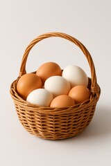 Fresh brown and white eggs neatly arranged in a rustic wicker basket.