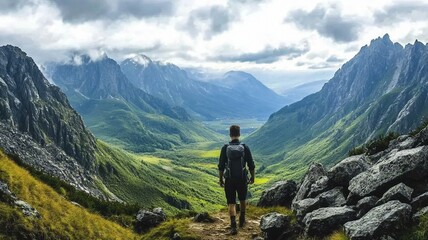 Fototapeta premium A man is walking on a mountain trail, looking out over a vast valley