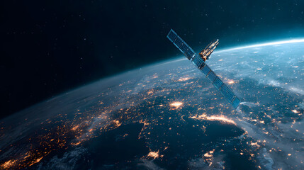Obraz premium A futuristic satellite collecting climate data from Earth with glowing interface overlays.