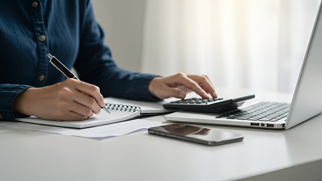 Businessman Calculating and Writing on Modern Office Desk