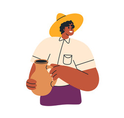 Happy farmer with milk jug in hands. Smiling African-American man in hat,holding ceramic pitcher with fresh dairy produce, drink from rural farm. Flat vector illustration isolated on white background