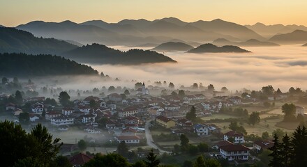 Mountain Village Covered in Morning Fog with Rolling Hills and Sunrise Light