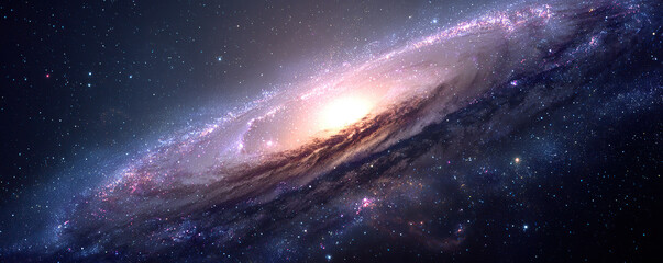 Fototapeta premium Vast spiral galaxy illuminated by brilliant cosmic lights in deep space at night