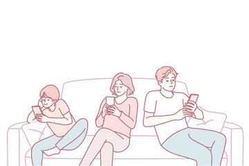 Young family with child sit on sofa browsing internet on modern smartphone. Parents and small kid addicted to cellphones, using gadgets together at home. Technology addiction. Vector illustration.