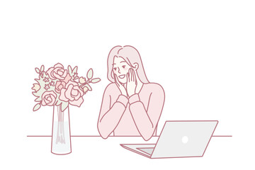 Happy young woman sit at table in office pleasantly surprised by flower delivery from secret admirer. Smiling girl stunned with romantic gift bouquet. Romance and affection. Vector illustration.