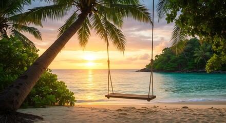 Palm Tree with Swing Over Beach at Sunset in Tropical Paradise