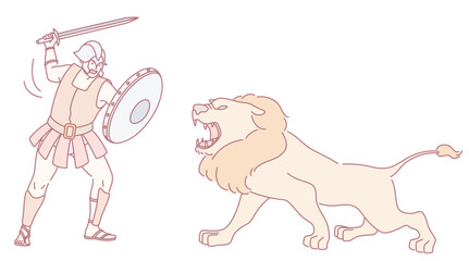 Fototapeta premium A brave warrior prepares for a dramatic battle against a roaring lion, showcasing courage and strength