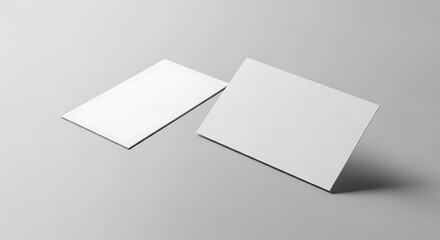 Two blank white cards angled on a plain grey background