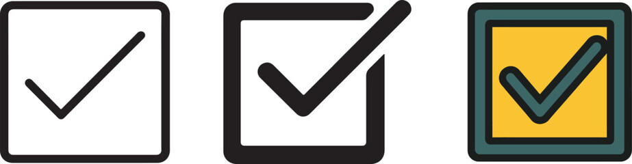 Check mark icons in various styles isolated on white background