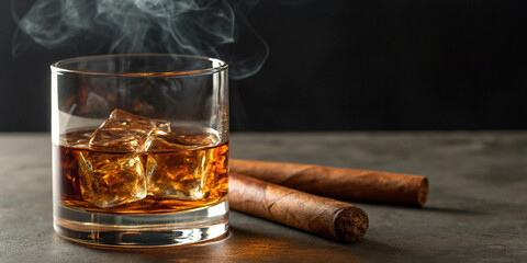 Glass of Whiskey with Cigar – Drink, Alcohol, Luxury, Relaxation, Brown, Smoke, Bar, Glass, Party, Celebration, Spirit, Beverage