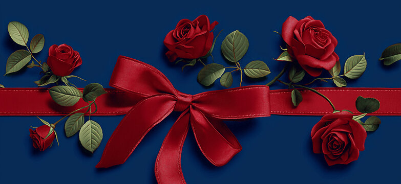 A red ribbon with a bow and red roses with green leaves on a dark blue background arrangement view - Powered by Adobe