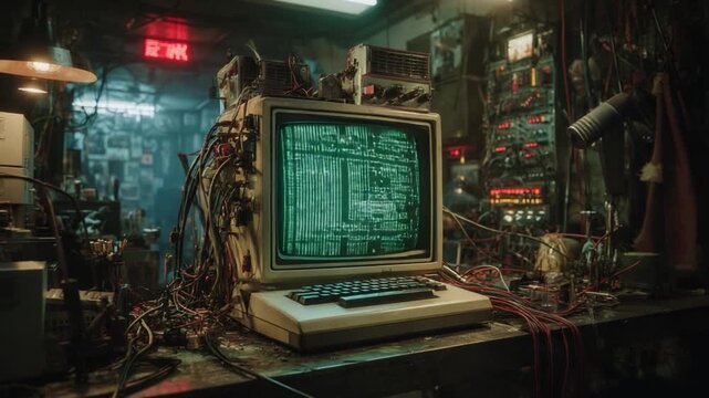 Cyberpunk Computer Setup: A vintage computer, surrounded by wires and technology, displays code against a backdrop of cyberpunk aesthetic. This scene exudes both a retro and futuristic ambiance.