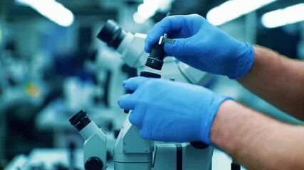 Close-up of a scientist adjusting a microscope in a high-tech laboratory with bright lighting - Powered by Adobe