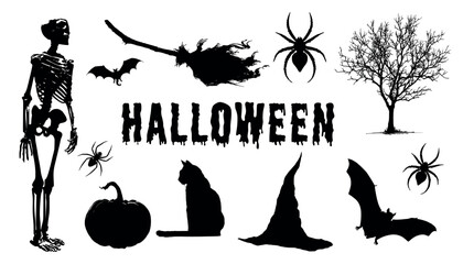 Set of Halloween silhouettes. Skeleton, witch's broom, bat, spider, pumpkin and others. Silhouettes of Halloween items. Spooky cliparts for holiday designs. Happy Halloween. Vector illustration.
