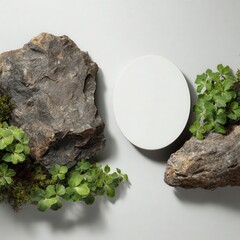 White circle, rocks, and greenery