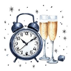 Countdown to celebration with sparkling champagne and ticking clock.
