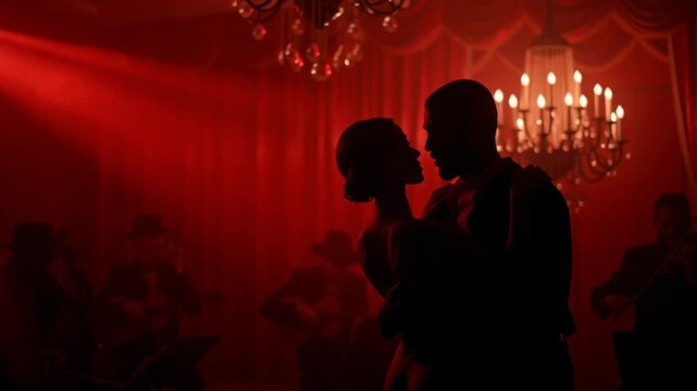 Moody tango performance in a milonga with passionate dancers