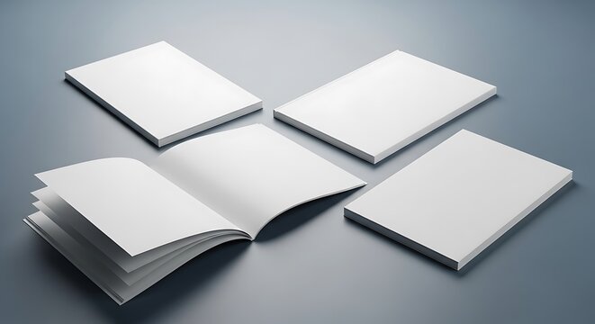Four blank white books and one open book on a gray surface