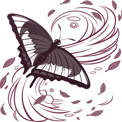 Butterfly illustration. A dark grey butterfly with half open wings surrounded by stylized wind and leaves. A decorative nature image.

