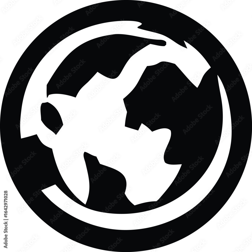 Poster stylized black and white globe icon with abstract earth continents within a circular border represen