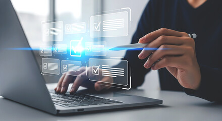 Person using a laptop with digital checklist interface and stylus for online task management system