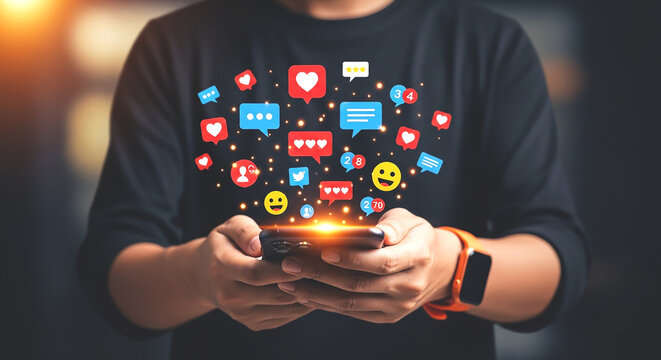 Person holding a smartphone with social media icons floating above it in a dark setting with a watch