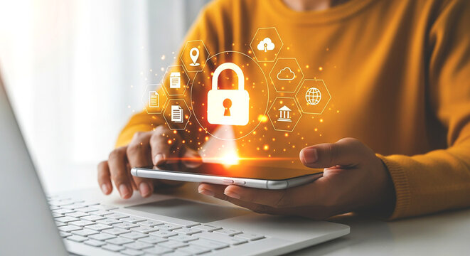 Person using a smartphone with a digital padlock and icons hovering above the screen for security