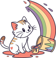 A playful cartoon image of a kitten sitting next to a spilled can of paint. The paint flows out of the can in the colors of a rainbow.

