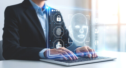 Person typing on laptop with digital interface displaying face recognition and security icons overlayed