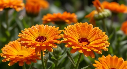 Vibrant calendula blossoms in a garden setting showcasing vivid orange petals