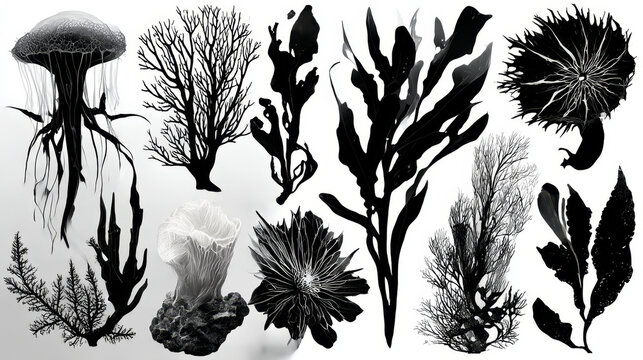 Coral set. Underwater sea coral reef and seaweeds black silhouettes. Vector set of diverse plant species found in reef ecosystems. 